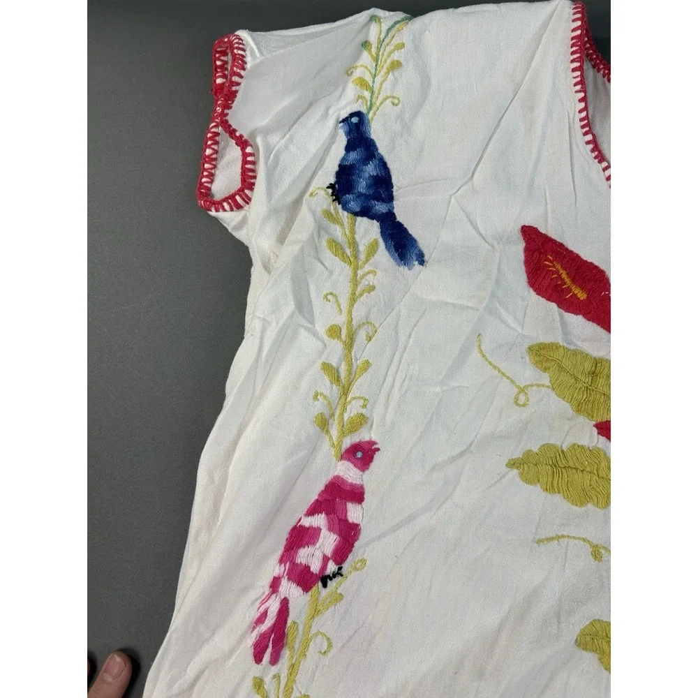 Hand Embroidered Mexican Bird Floral Tunic Blouse White Cotton Boho Folk Est Lg